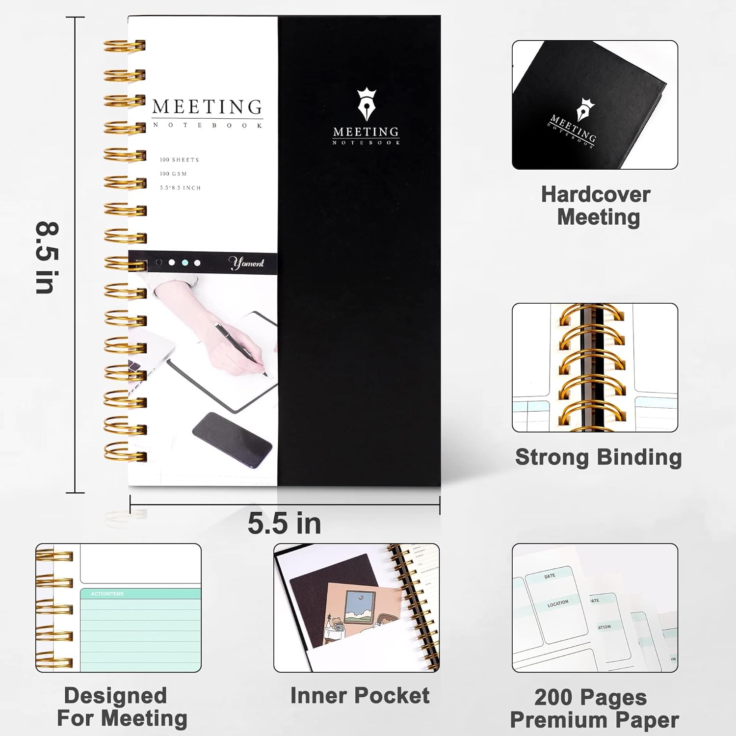 Cuaderno de reuniones para el trabajo con artículos de acción de 5.5 x 8.5 pulgadas, planificador de reuniones en espiral de tapa dura para oficina,