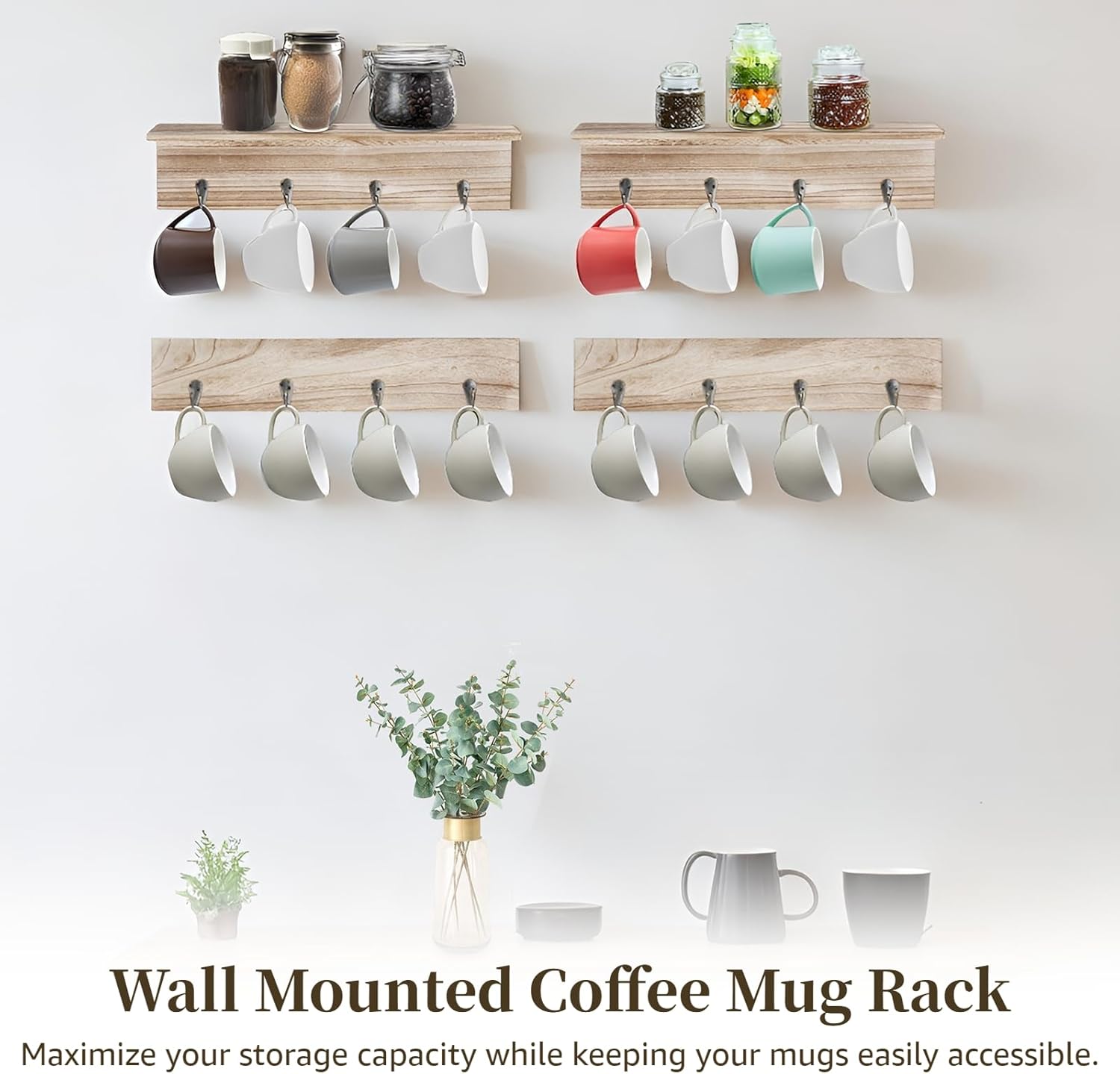 Anjetan Estante para tazas de café montado en la pared, 4 piezas, estante de pared rústico para tazas de café con 16 ganchos y estante de