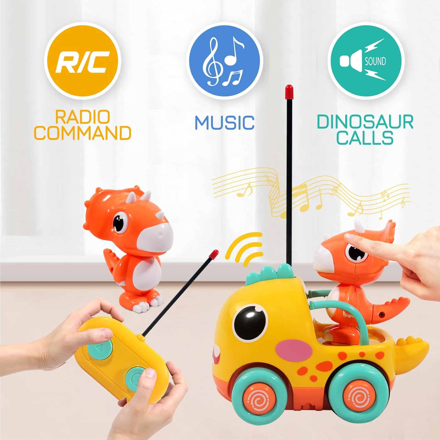 Auto de control remoto para niños pequeños, autos RC de perseguidores de dinosaurios de dibujos animados, juguetes para niños de 3 años, juguetes de