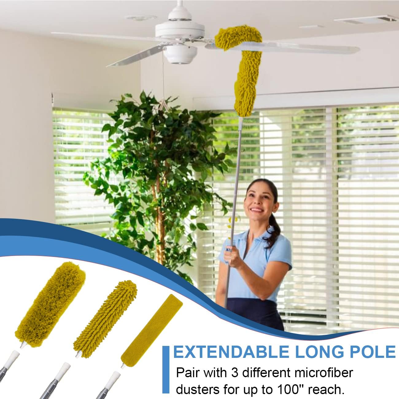 Plumeros mejorados para limpieza (6 unidades), plumero de ventilador de techo con poste de extensión grueso de 100 pulgadas, plumero largo