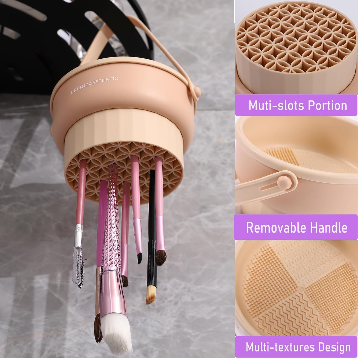 Tapete de limpieza de cepillos 3 en 1 con soporte para secador de cepillo, tapete limpiador de brochas de maquillaje de silicona, cuenco de limpieza