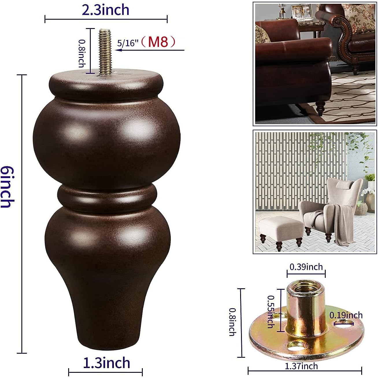 Patas de madera para muebles de 6 pulgadas, paquete de 4, patas redondas para sofá, patas de escritorio de mediados de siglo, piezas de repuesto