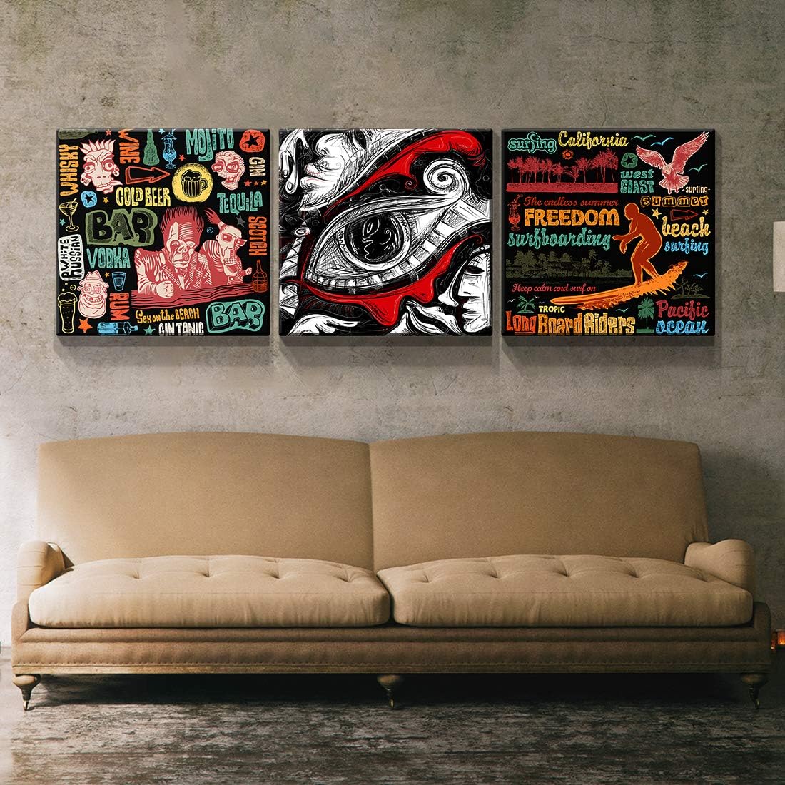 Denozer – 3 impresiones en lienzo para pared – Arte de pared con texto de graffiti para decoración de sala de estar, dormitorio, estirado y