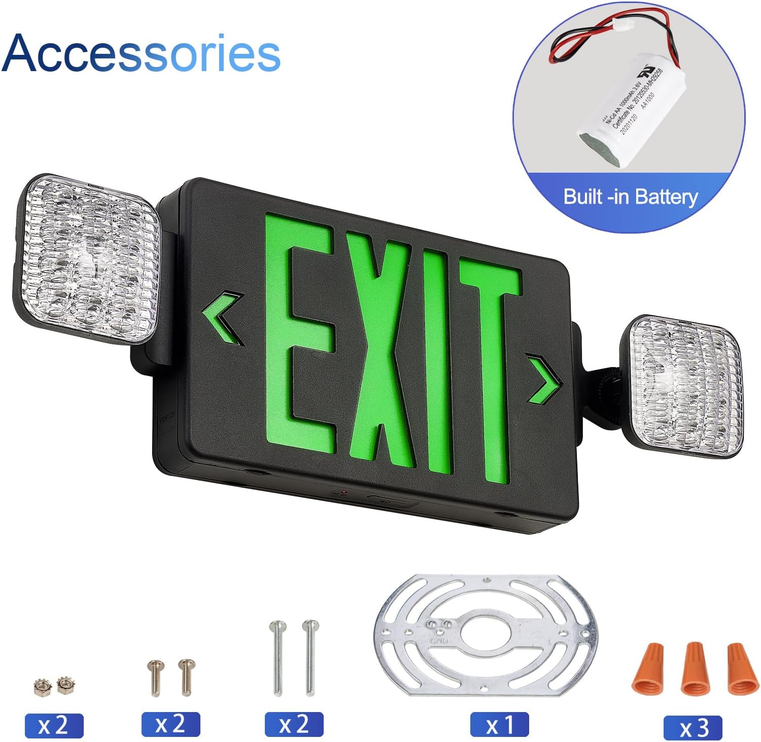 TANLUX Letrero de salida de carcasa negra con luces de emergencia, luz LED de salida de emergencia con batería de respaldo, certificación UL, combo