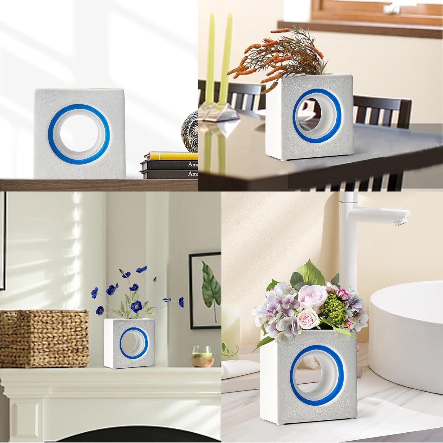 ERESGREAT Jarrón cuadrado estético de cerámica blanca con agujero, moderno florero de cerámica, jarrones de cerámica funky para decoración del