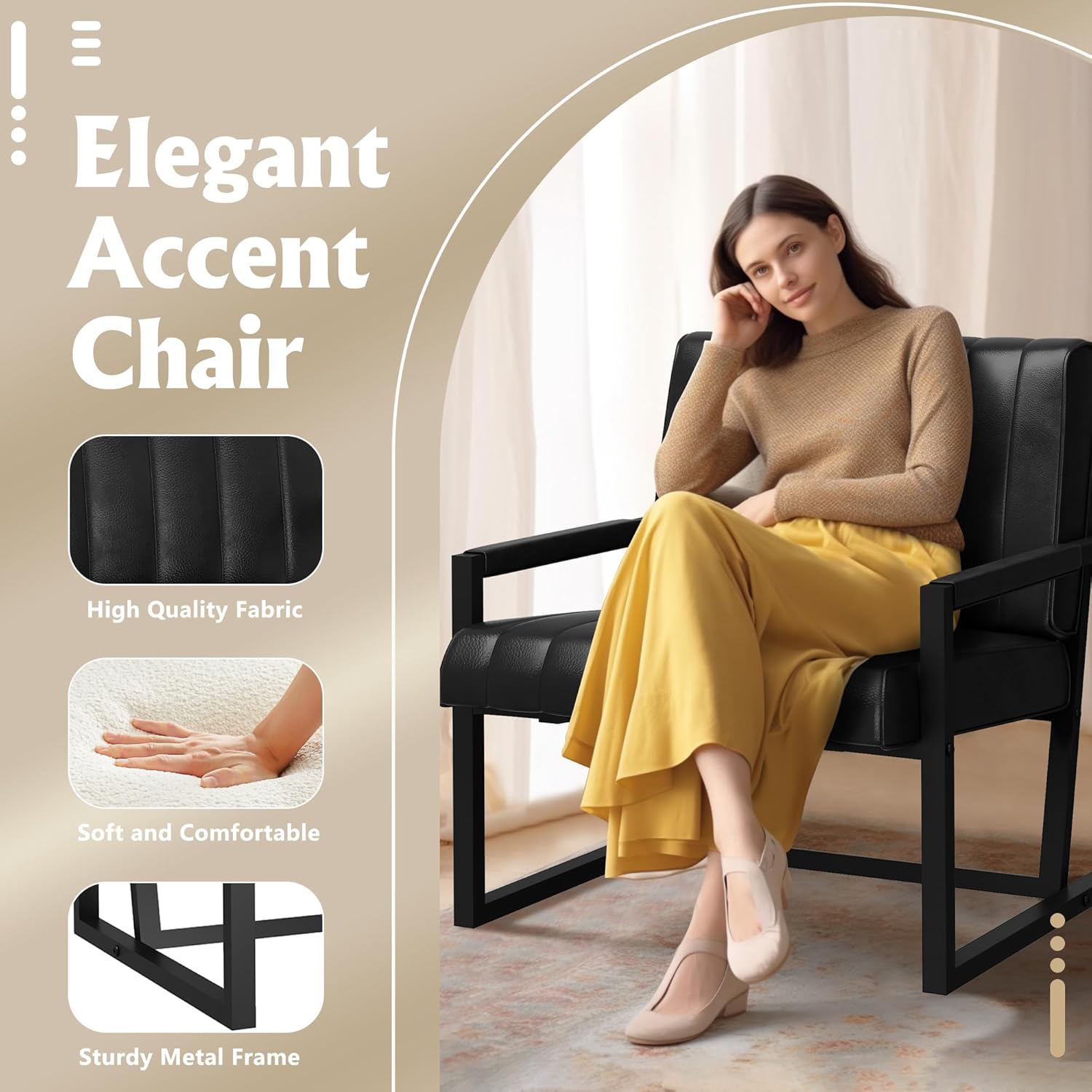 Recaceik Silla decorativa moderna de mediados de siglo, sillón tapizado de piel sintética con marco de metal, cojín de asiento de 4.1 pulgadas de