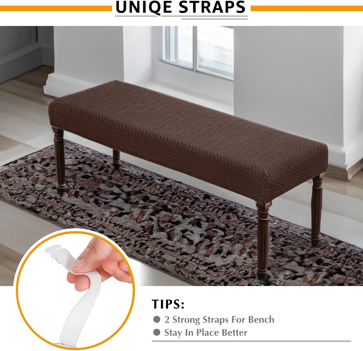 Funda de banco de jacquard elástica para comedor, antipolvo, extraíble, lavable, para sala de estar, dormitorio, cocina (47-59 pulgadas, marrón