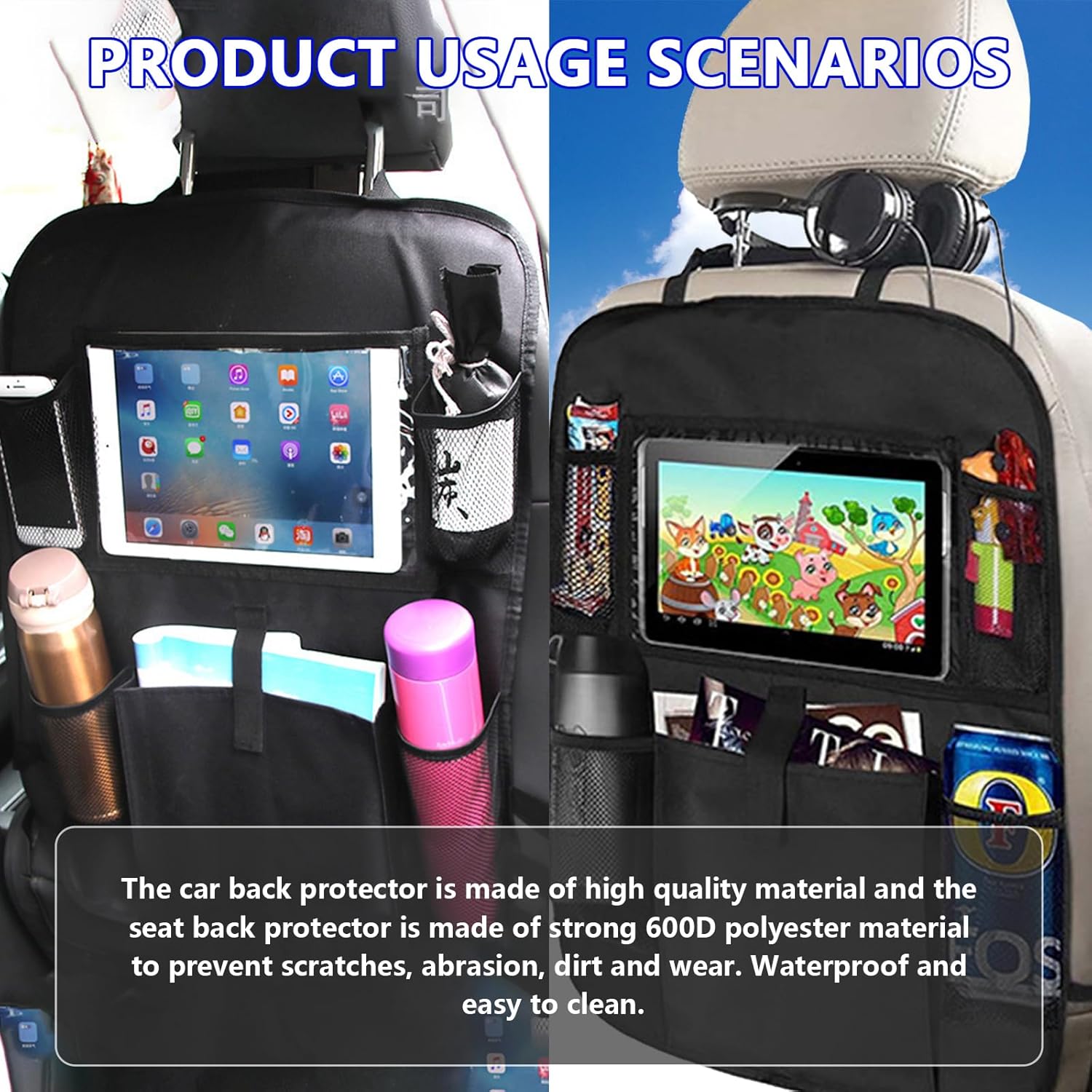 Organizador de asiento trasero de automóvil, 2 bolsillos de almacenamiento de tela Oxford con soporte para tableta para pantalla táctil, protector