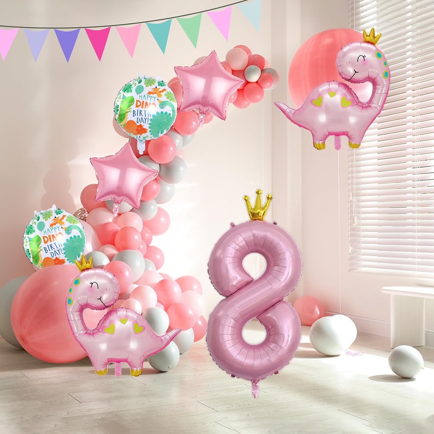 7 globos de dinosaurio con corona rosa, globos de aluminio de Mylar con número de cumpleaños de dinosaurio rosa, suministros de fiesta de 8