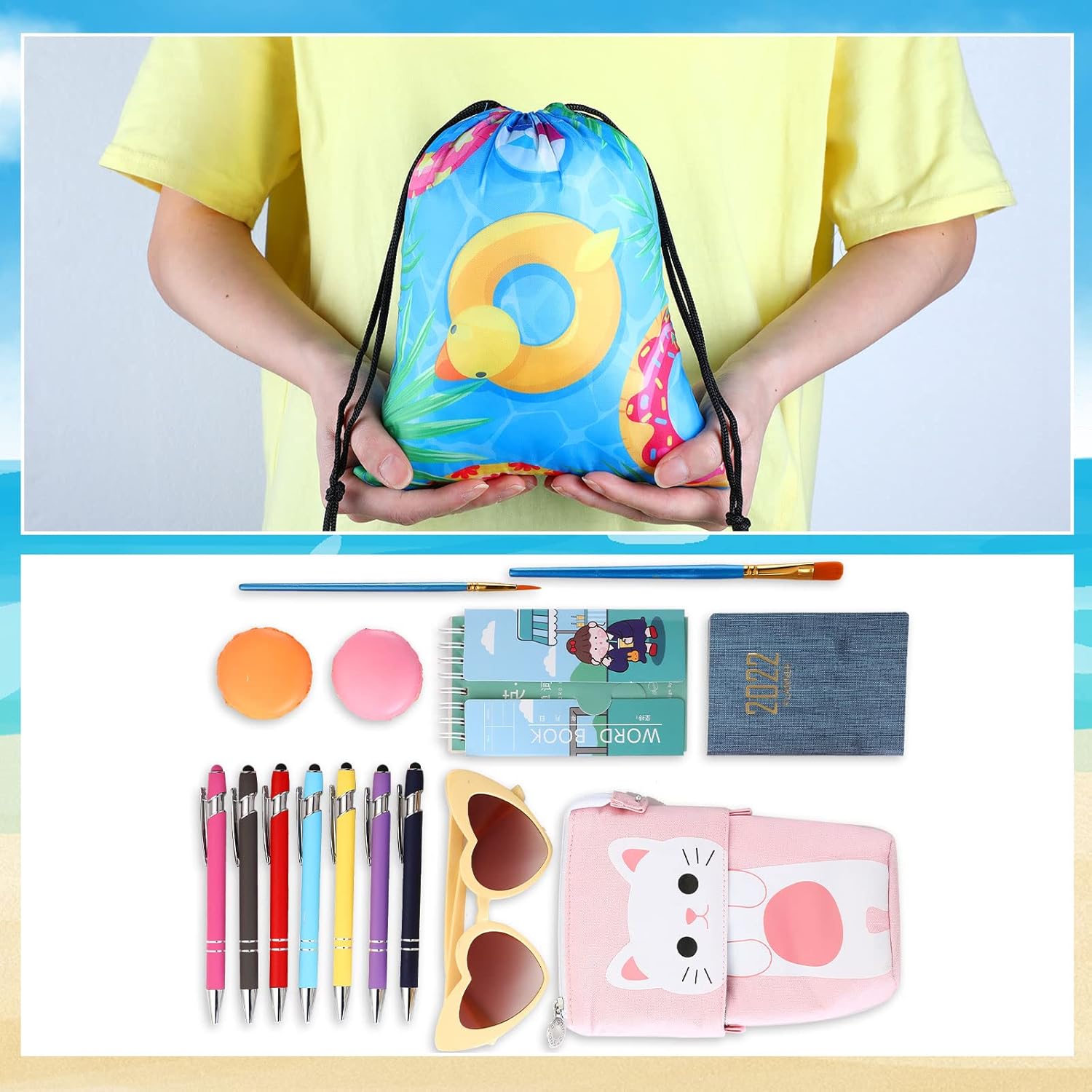 12 bolsas de fiesta de verano en la piscina, con cordón, bolsa de playa, bolsas de regalo, bolsas de regalo de tiburón de playa, suministros de