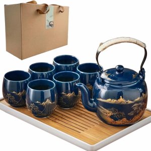 Juego de té japonés tradicional, chinoasiático para 6 adultos, bonito juego de té con bandeja e infusor, tetera de porcelana y tazas de té, tetera Juego de té japonés tradicional, chinoasiático para 6 adultos, bonito juego de té con bandeja e infusor, tetera de porcelana y tazas de té, tetera