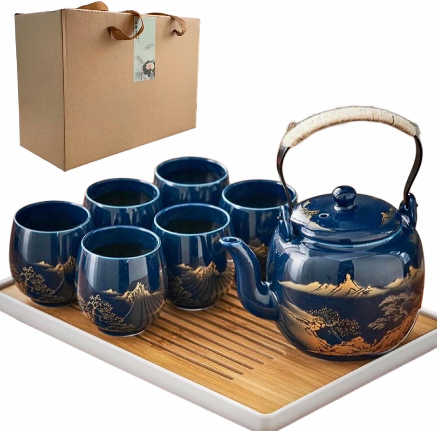 Juego de té japonés tradicional, chinoasiático para 6 adultos, bonito juego de té con bandeja e infusor, tetera de porcelana y tazas de té, tetera