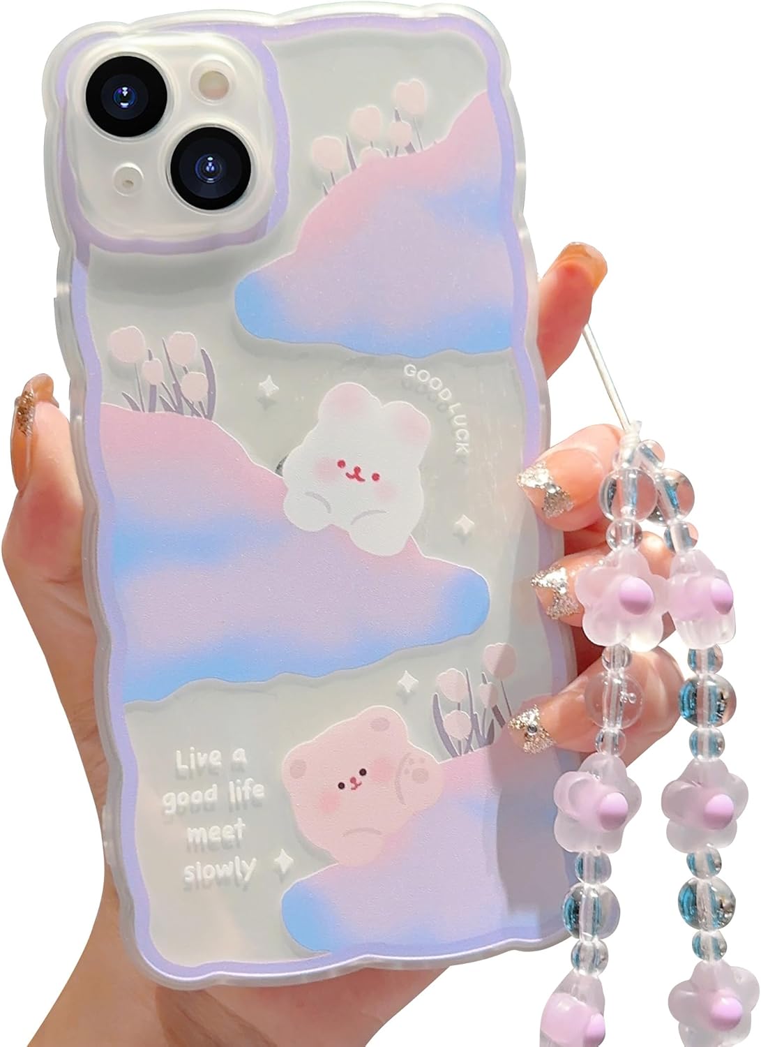 Funda compatible con iPhone 15, diseño de conejito de oso con diseño de cadena para mujeres y niñas, funda delgada y suave de TPU transparente para