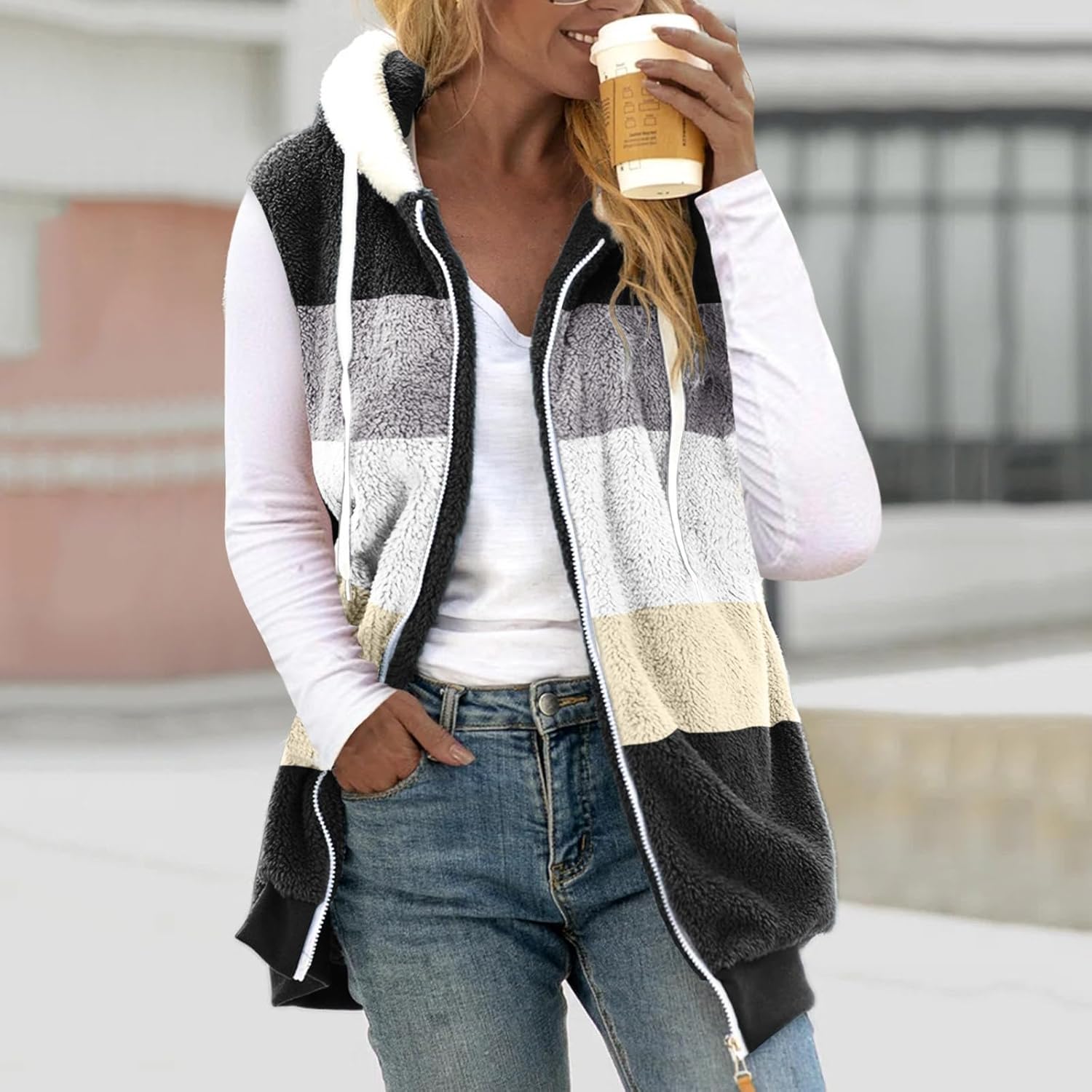 SNKSDGM Chaquetas de forro polar mullido con capucha y cordón para mujer, para otoño e invierno 2023
