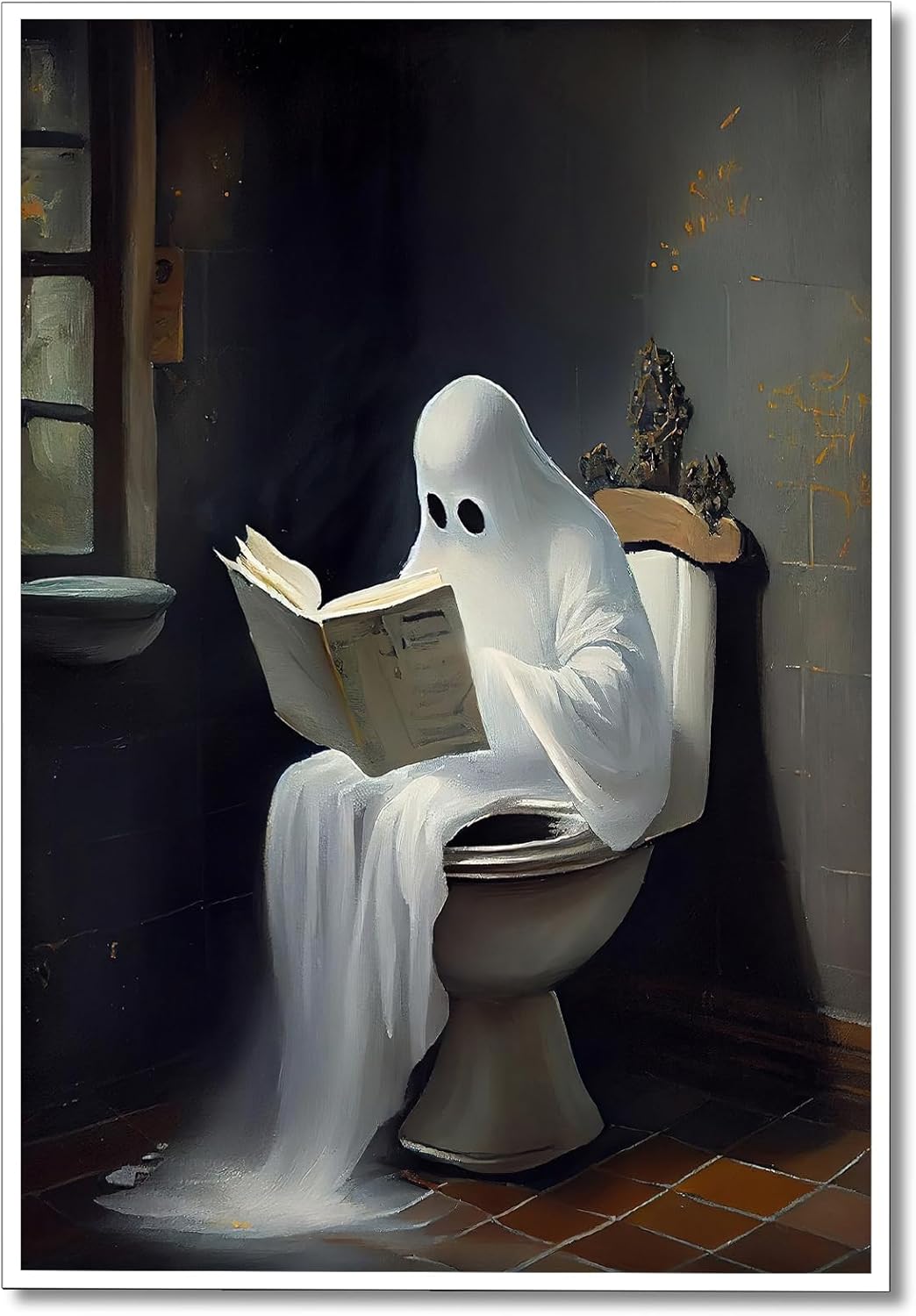Wodkodnxy Pared de lienzo de libros de lectura de fantasmas en toliet vintage, divertidos pósteres estéticos góticos, fotos de terror de Halloween,