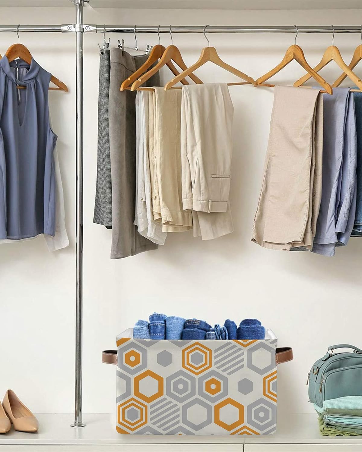 Orange Grey Storage Basket for Organizing Shelves, Collapsible Storage Bins Boxes with Handle, Modern Striped Geometric Abstract Art Canvas Hamper