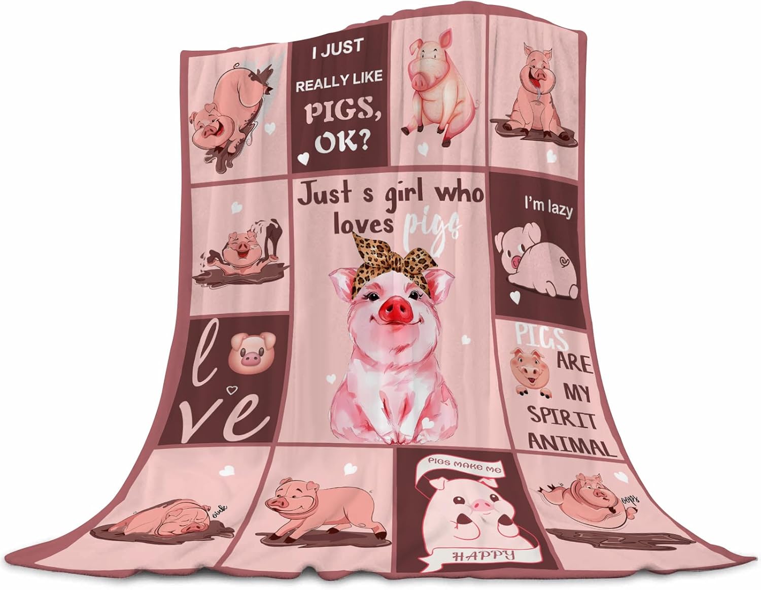 Manta de franela de cerdo lindo para niñas y niños, manta de forro polar con texto en inglés “I Just Really Like Pigs”, súper suave y mullida, con