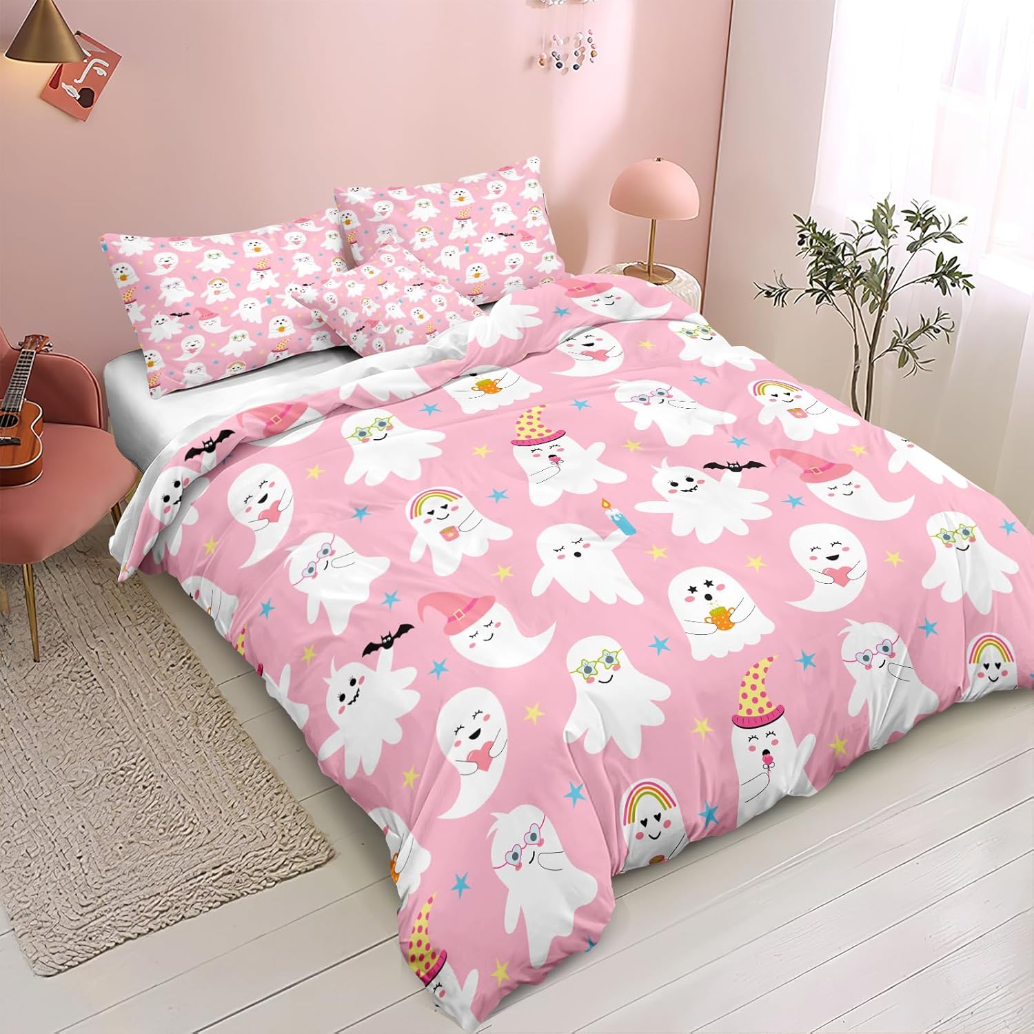 Ropa de cama rosa de Halloween, tamaño Queen, 3 piezas, juego de funda de edredón de fantasmas de dibujos animados, Halloween, lindo diseño de