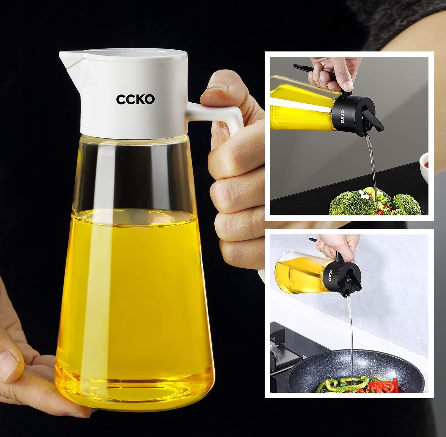 CCKO Botella dispensadora de aceite de oliva de 19 onzas para cocinar en la cocina, dispensador automático de aceite de cocina sin goteo, adecuado