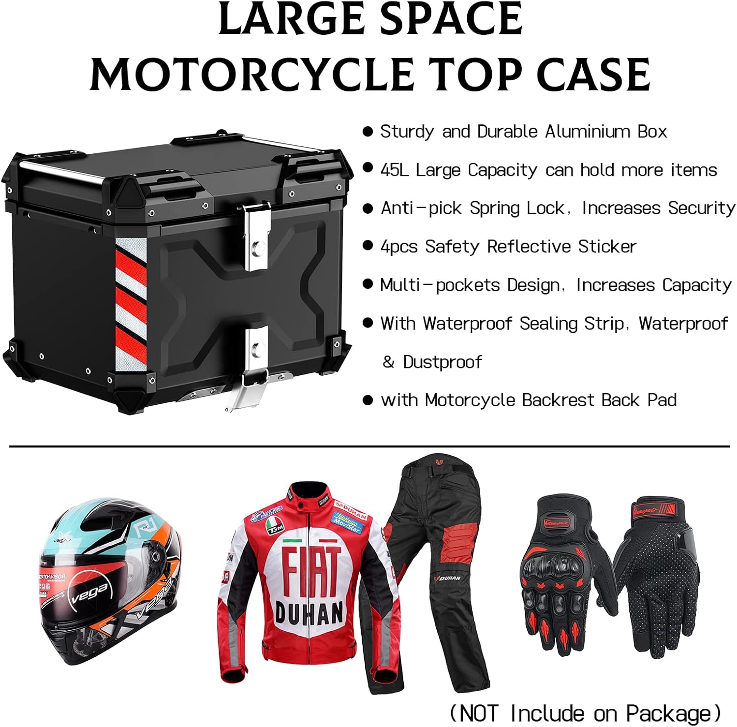 Maleta superior de motocicleta de 45 L, calidad premium Caja de aluminio resistente con cerradura de seguridad para guardar el equipaje del casco,