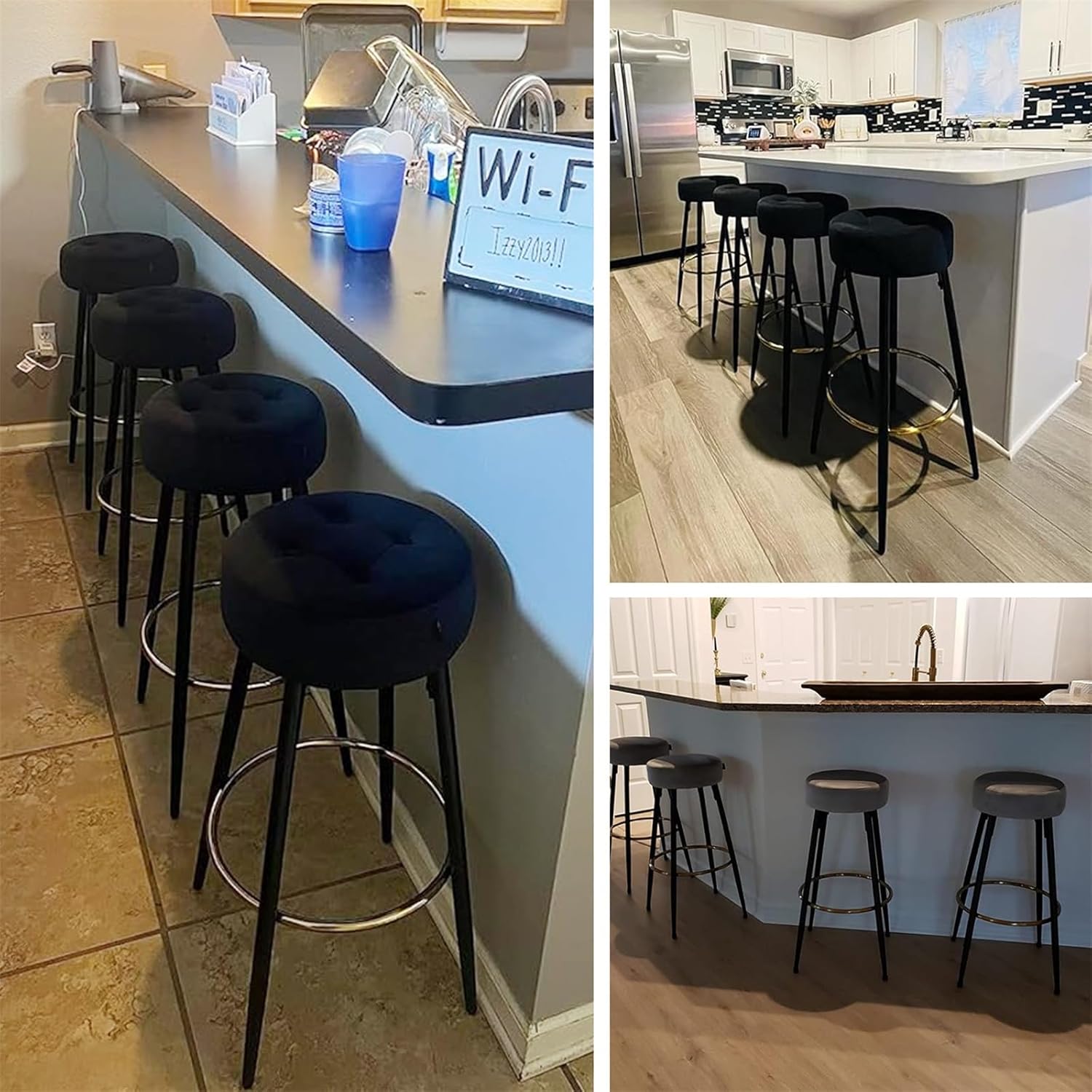 Furnimart Juego de 2 taburetes de bar redondos modernos de 30 pulgadas, taburete tapizado para silla de comedor con reposapiés dorado para isla de