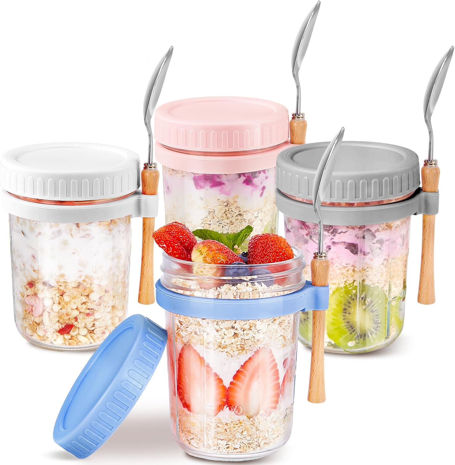 Recipientes de vidrio para avena durante la noche con tapas y cuchara, tarros Mason de boca ancha de 16 onzas para avena nocturna, cereales, yogur,
