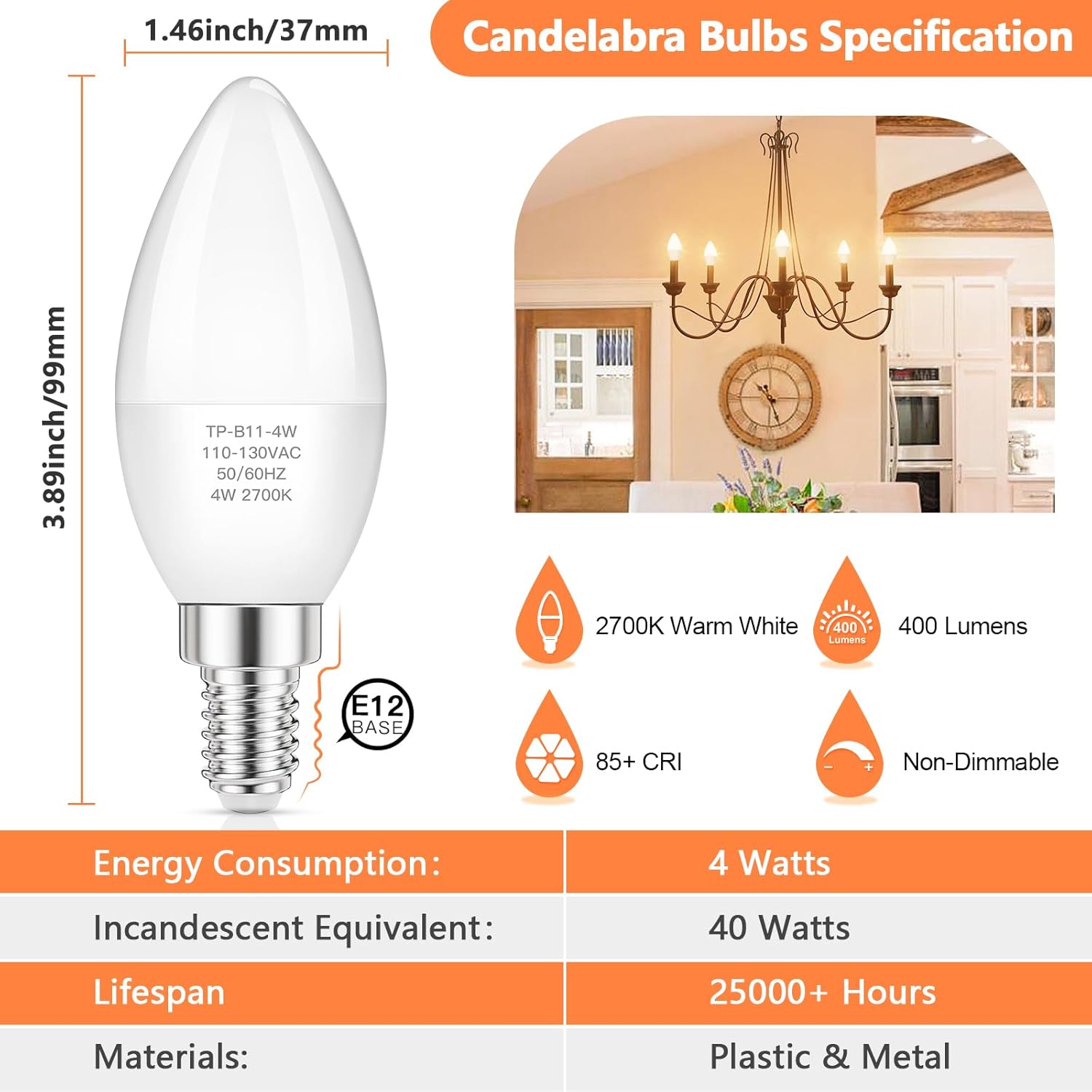 MAXvolador Bombillas LED E12 para candelabros equivalentes a 40 W, 2700 K de luz blanca cálida de 4 W, bombillas tipo B B11, bombilla base de 400