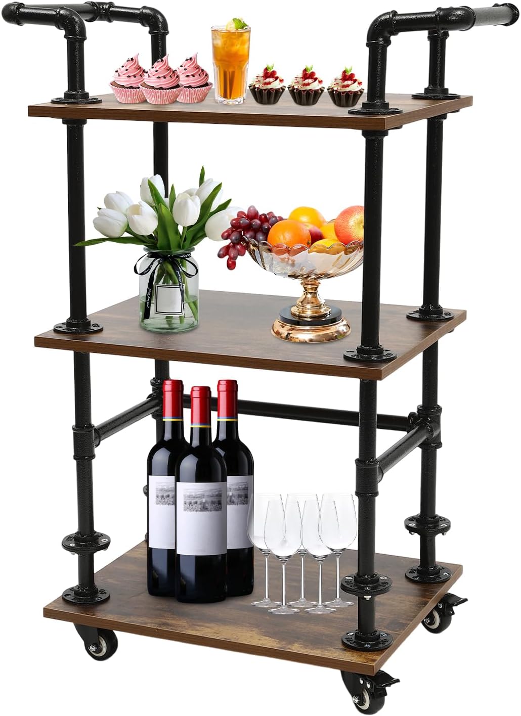 Carrito de servicio de barra industrial, carrito de almacenamiento de isla de cocina de 3 niveles con ruedas, carrito de metal multifunción con