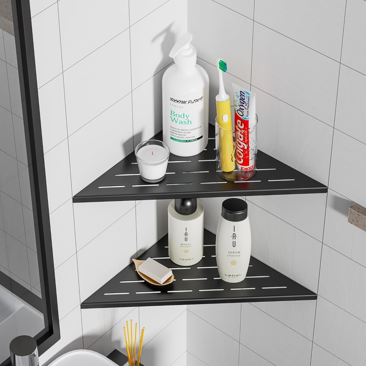 Neodrain Juego de 2 estantes esquineros de pared de color negro mate de 12 pulgadas, estantes de esquina flotantes para pared, estantes de