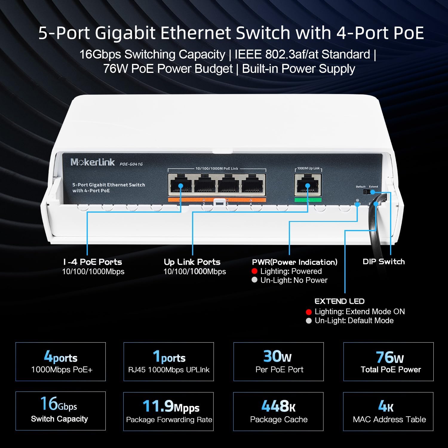 MokerLink Interruptor POE Gigabit para exteriores de 5 puertos, con 4 puertos POE+ de 1000 Mbps, 78 W IEEE802.3afat, interruptor sin ventilador Plug