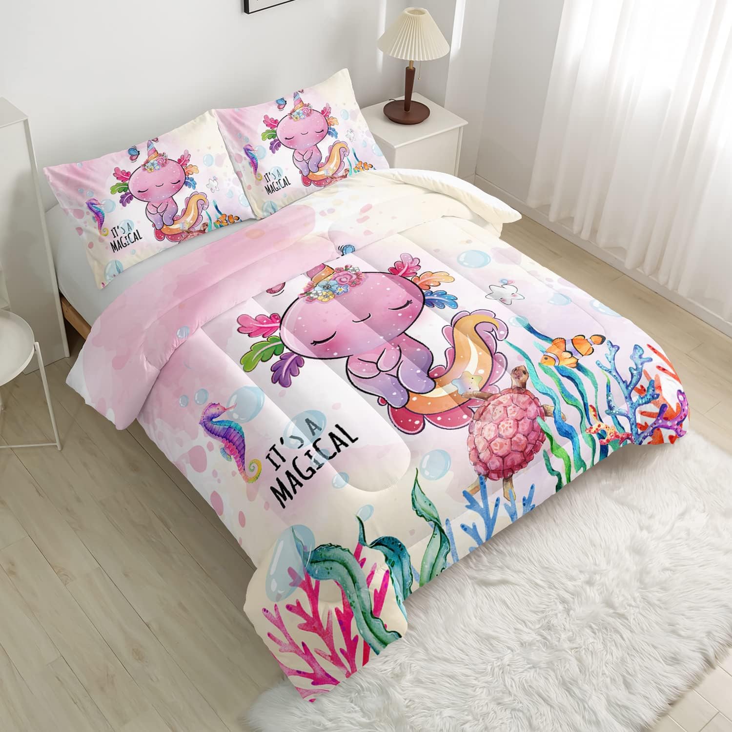 CVHOUSE Axolotl – Juego de edredón tamaño matrimonial, juego de ropa de cama de ajolote de dibujos animados para niños, lindo juego de edredón de