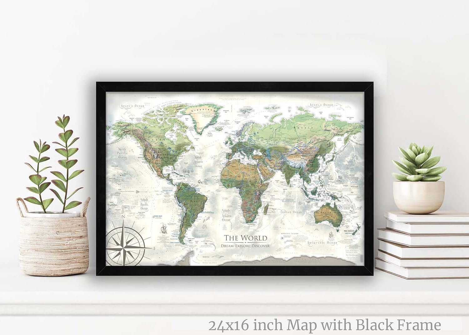 GEOJANGO Personalized Push Pin World Travel Map with Pins – Large Wall Art Stretched Canvas, Rolled Poster, or Framed Map – Nautilus Handmade Custom