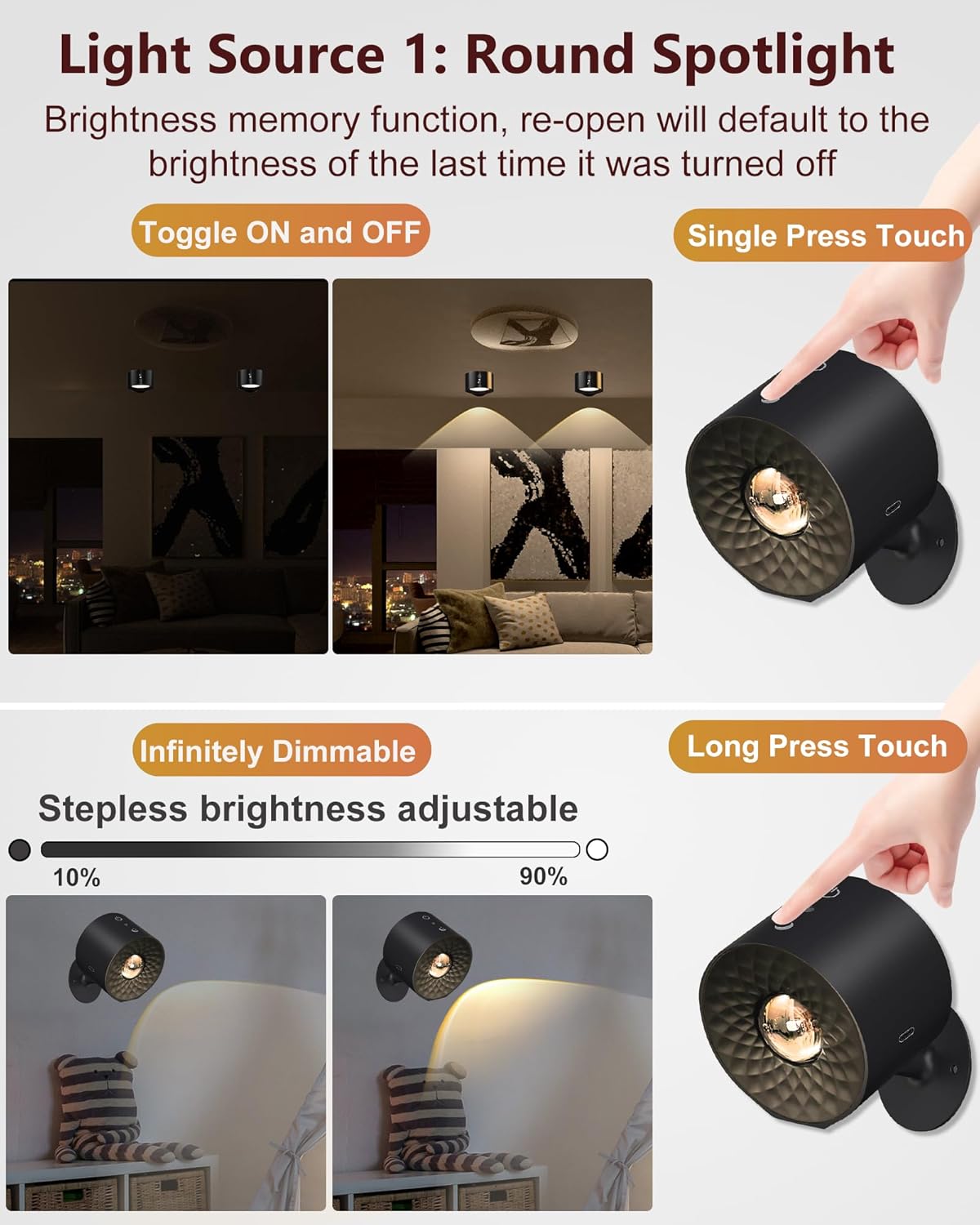 Sunxiner Juego de 2 apliques de pared que funcionan con pilas, luces LED recargables inalámbricas para sala de estar, dormitorio, aplique de pared
