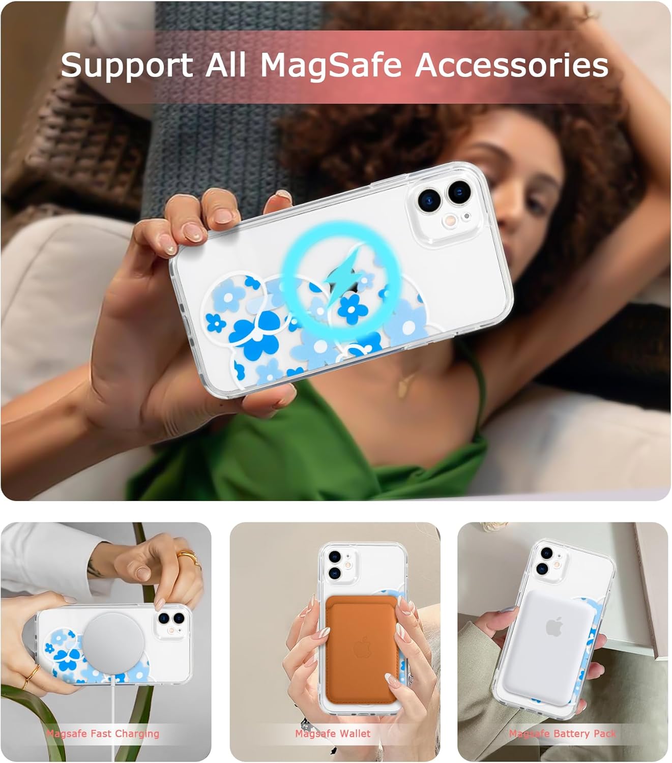 NITITOP Funda compatible con iPhone 11 compatible con MagSafe Cute Clear Flower Floral Bear Design para niñas y mujeres, TPU suave a prueba de