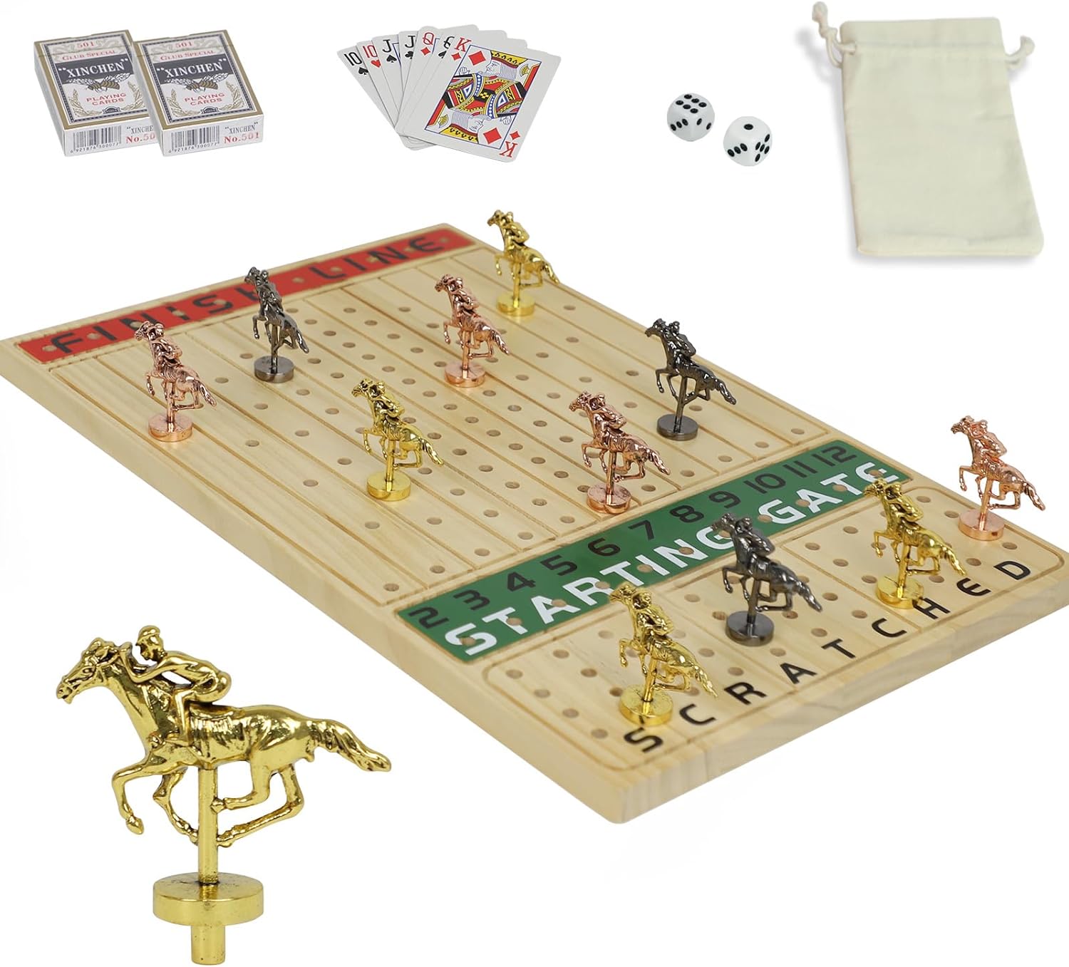 Juego de mesa de carreras de caballos de metal, juego de mesa, línea de meta, edición de lujo, tablero de carreras de madera maciza, 11 lotes de