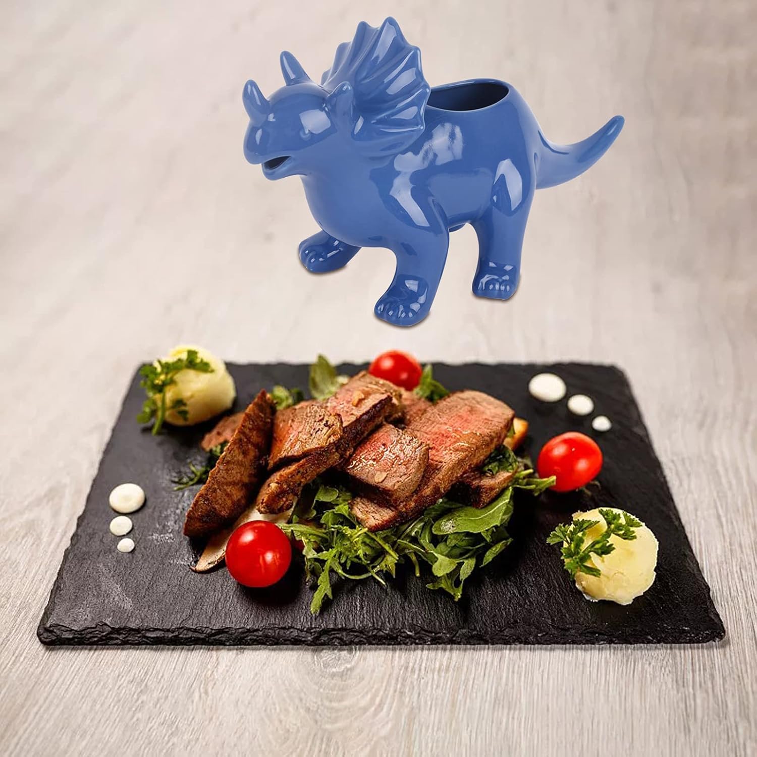 Vencer Gravy Boat Funny Novelty Stegosaurus Salsa Salsa Boat, para caldo, leche, aderezos para ensaladas, crema, azul, VHG-002B