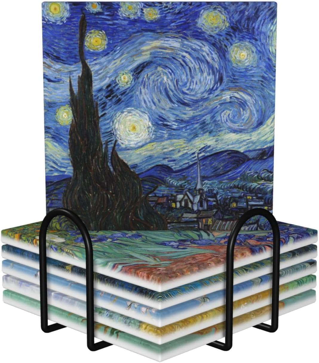 Juego de posavasos de cerámica para bebidas con base de corcho, utiliza 6 pinturas famosas de Van Gogh, regalos únicos de inauguración de la casa