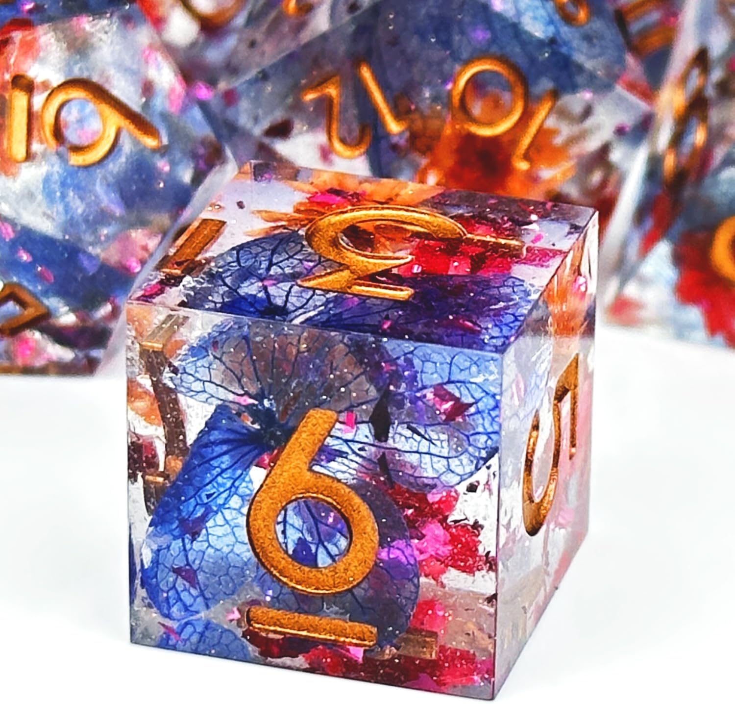 DND – Juego de dados de resina con bordes afilados, 7 piezas de dados de resina de flores, juego de dados poliédricos para dados de Calabozos y