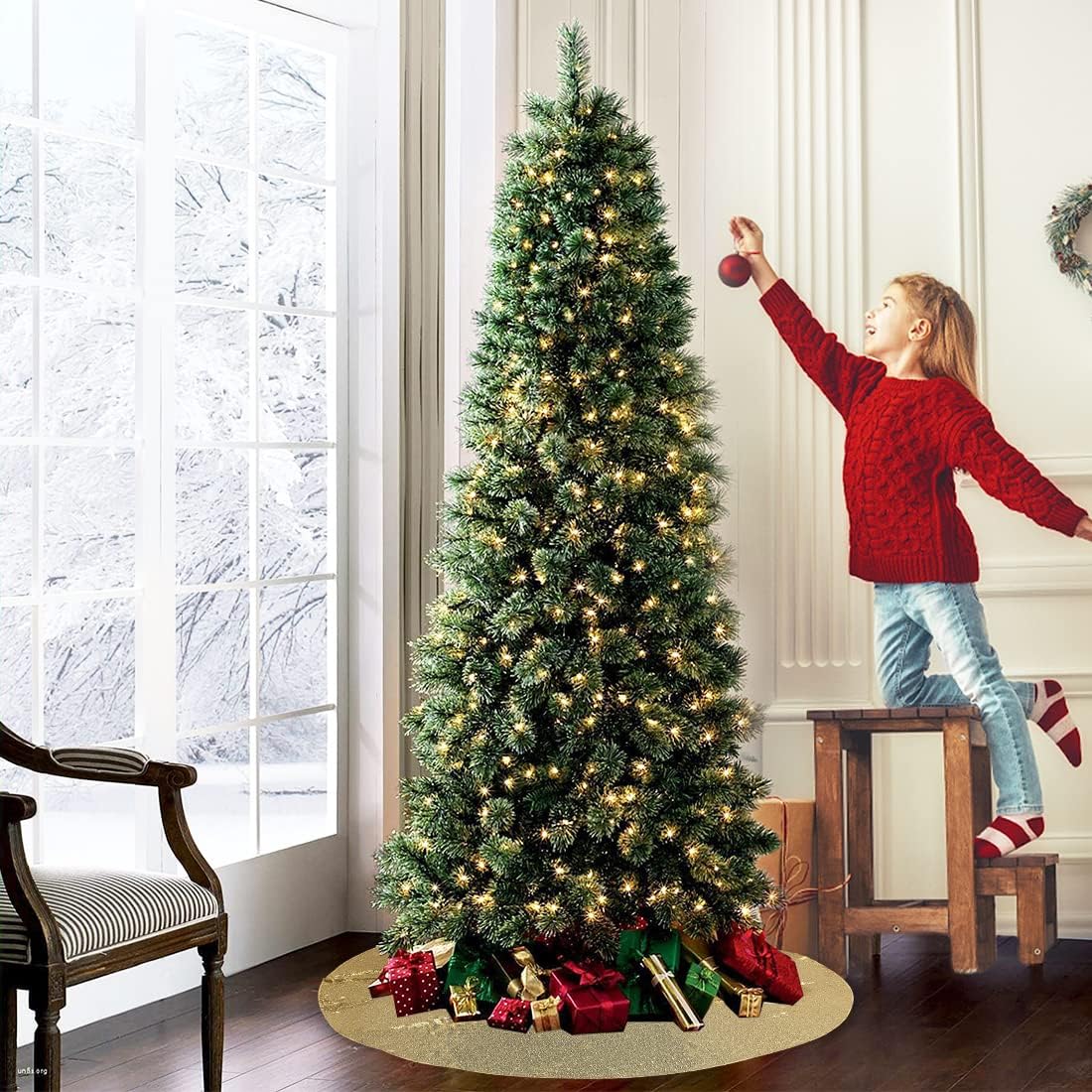 Faldón dorado para árbol de Navidad, faldas de árbol de Navidad brillantes de 50 pulgadas para decoraciones de Navidad