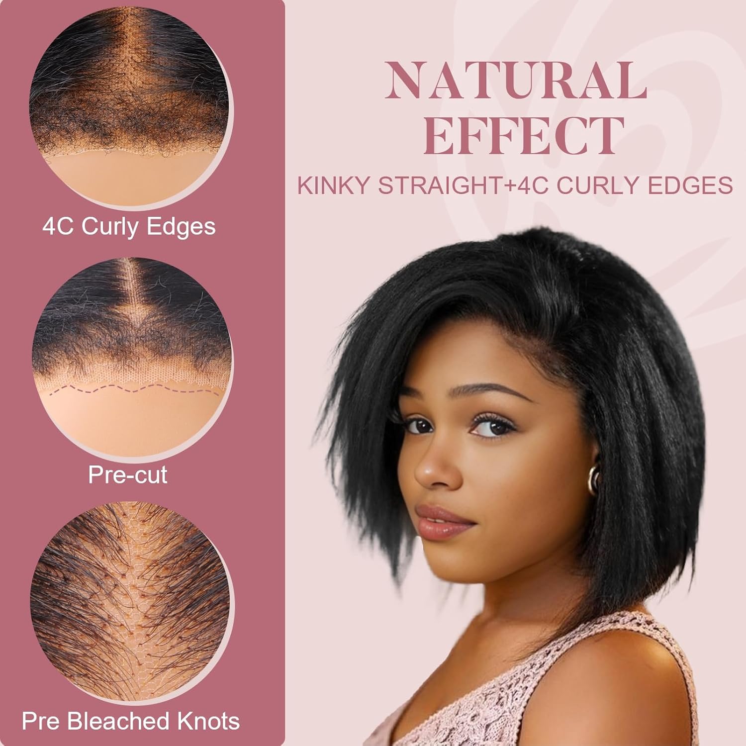 Docrit Peluca de cabello humano lacio 4C para mujer, precortada, precortada, 5 x 5, sin pegamento, con bordes rizados naturales, densidad del 150 %,