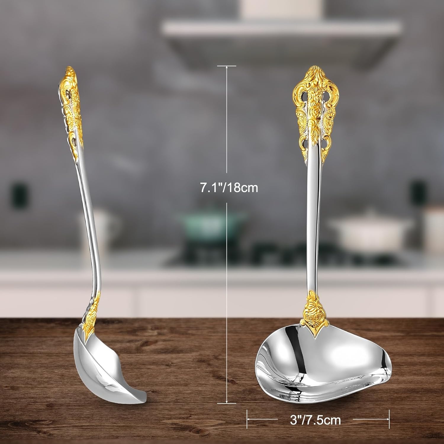 KEAWELL Cucharón de salsa de lujo de 7.2 pulgadas, acero inoxidable 1810, acento dorado, cuchara pequeña para salsa para el hogar. Sólido y