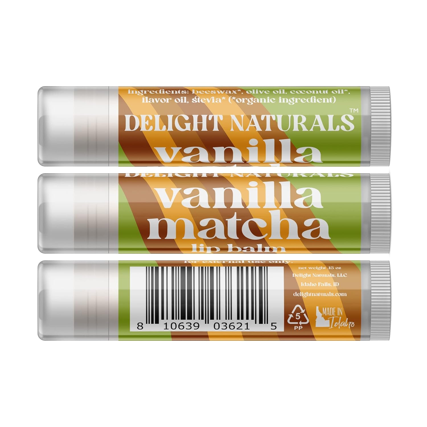 Delight Naturals Bálsamo labial Vanilla Matcha – Juego de tres