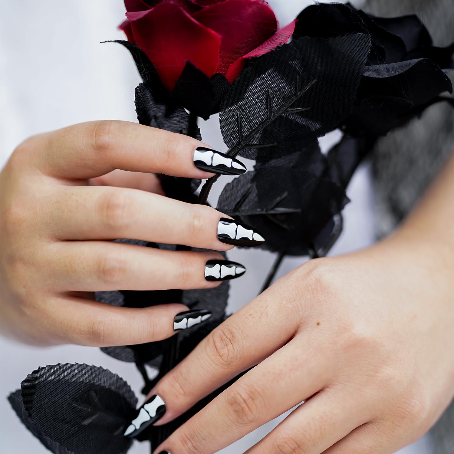 Uñas postizas a presión de huesos góticos, con temática de Halloween, 24 piezas de diseños largos horribles de cobertura completa, uñas postizas de
