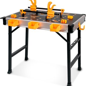Banco de trabajo portátil de capacidad de 1000 libras, mesa de trabajo plegable resistente con 2 abrazaderas rápidas, 4 perros de banco, 3 cajas de Banco de trabajo portátil de capacidad de 1000 libras, mesa de trabajo plegable resistente con 2 abrazaderas rápidas, 4 perros de banco, 3 cajas de
