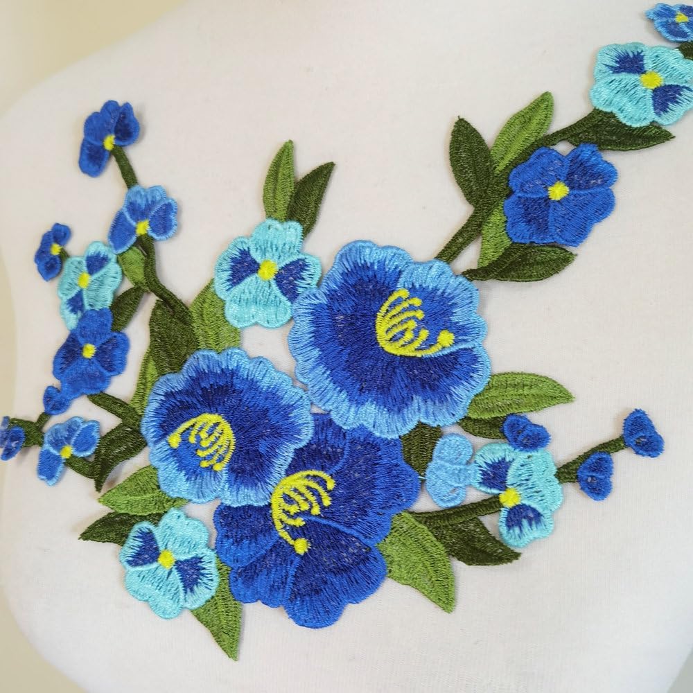 1 juego (3 piezas) de parches de bordado de flores Sakura de membrillo azul para coser en apliques