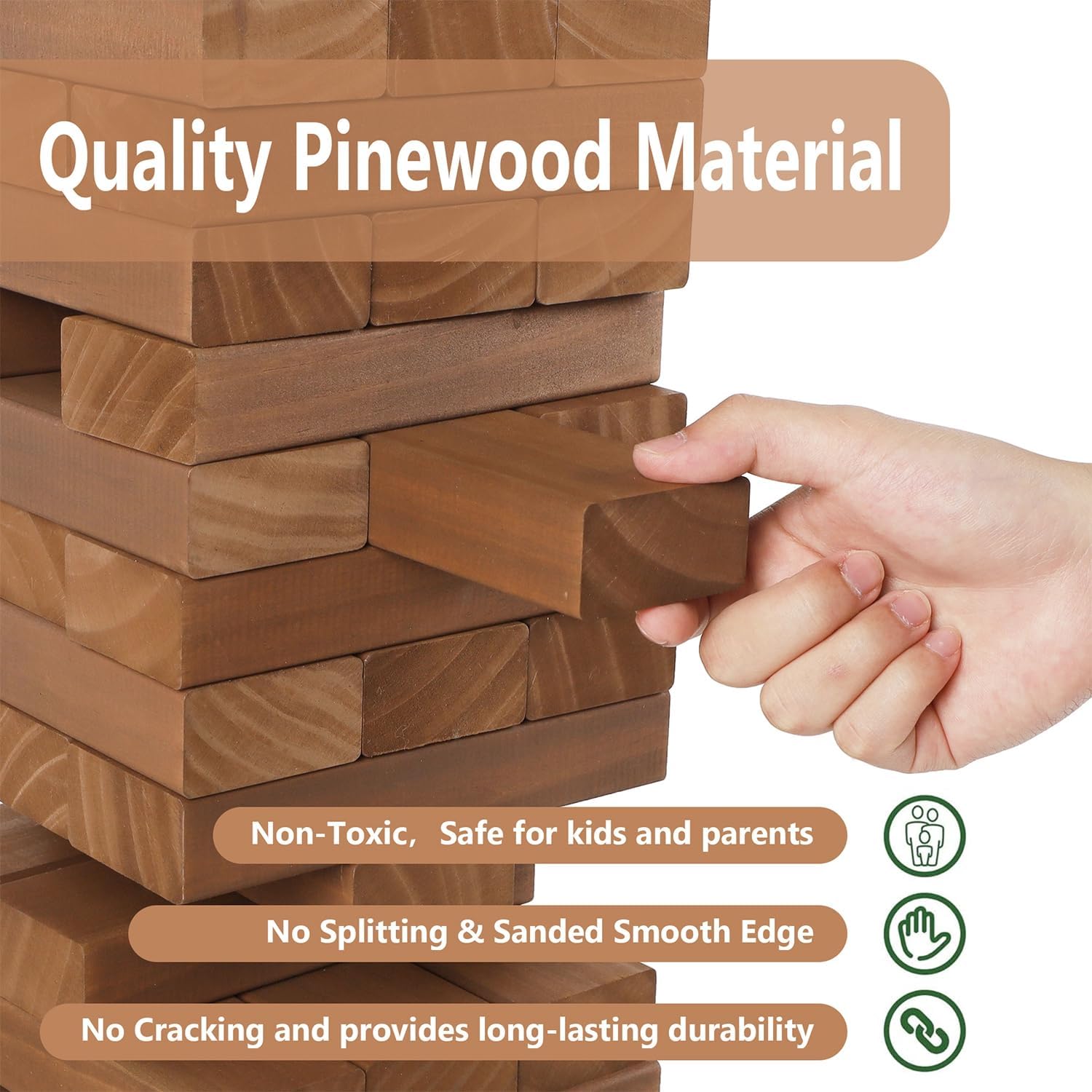 Juegoal Torre gigante de 54 piezas marrón para adultos y niños, juego de apilamiento de bloques de madera con tablero de juego y bolsa de lona,