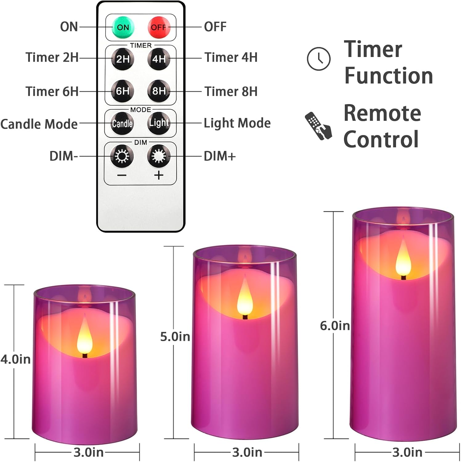 NURADA Velas sin llama velas LED de acrílico irrompible de mecha 3D que funcionan con pilas, velas de batería con control remoto y temporizador para
