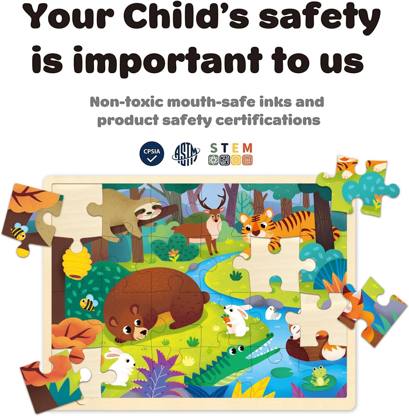 MoinKidz Rompecabezas de 24 piezas para niños de 3 a 5 años, piezas de rompecabezas de forma única, animales del bosque, rompecabezas de madera para