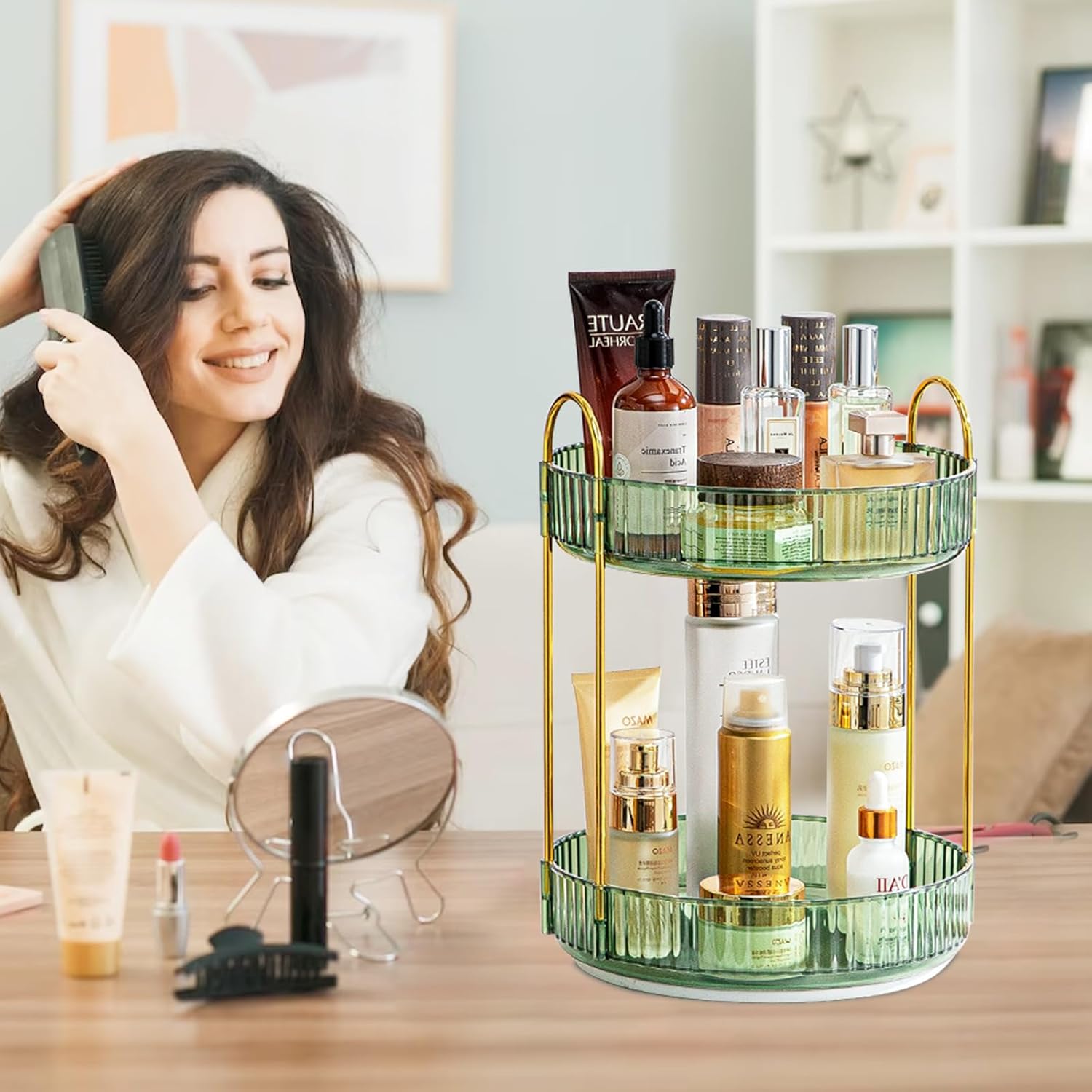 Organizador de maquillaje giratorio de 360, bandejas de baño, organizador de encimera, carrusel de maquillaje, estante giratorio de gran capacidad,