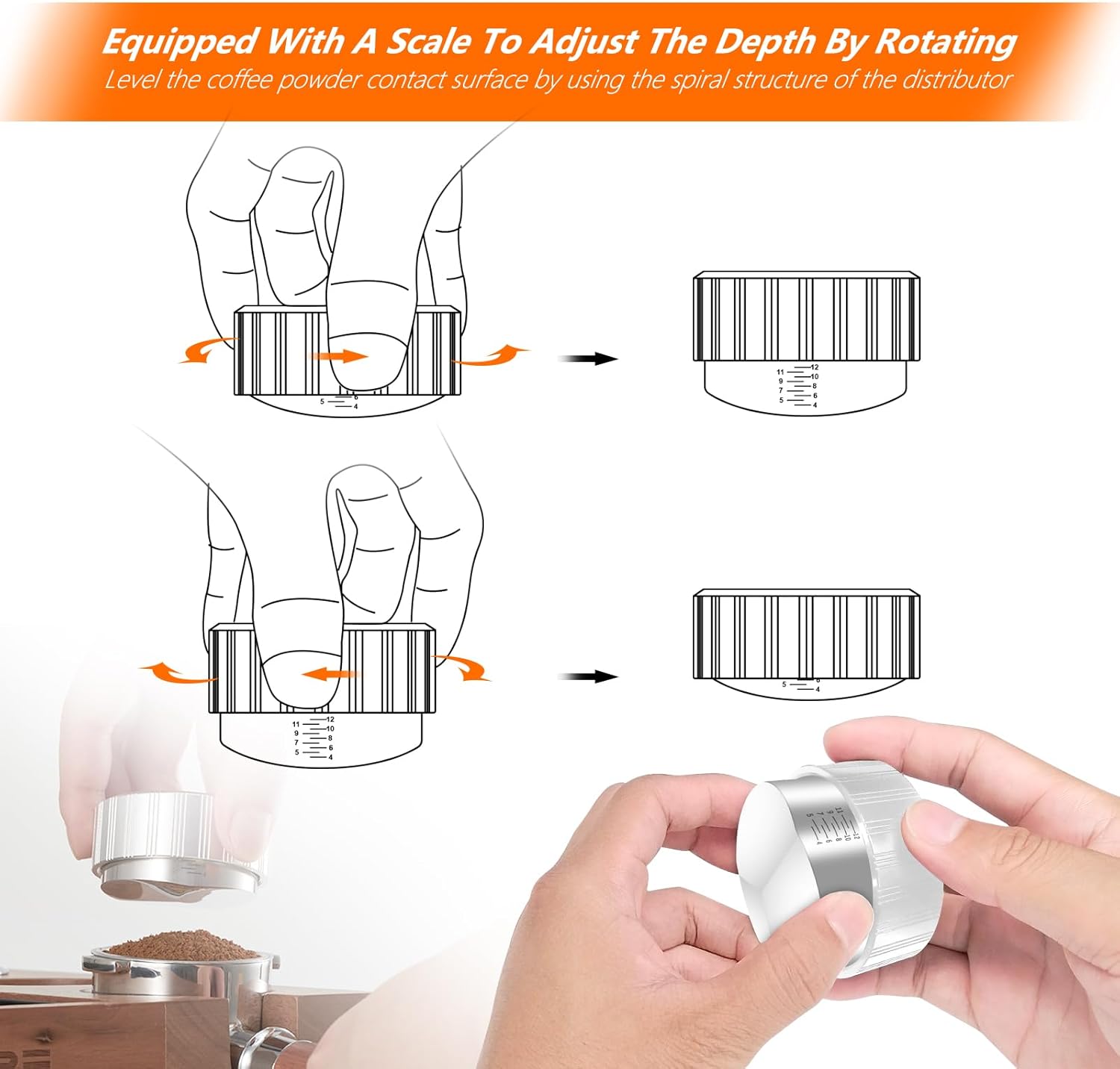 IKAPE Distribuidor de café de 2.087 in, distribuidor de espresso de profundidad ajustable con escala, se adapta a todos los portafiltros de espresso